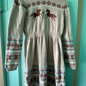 Gymboree Beige Dress with Brown Horse Motif and Turquoise Accents